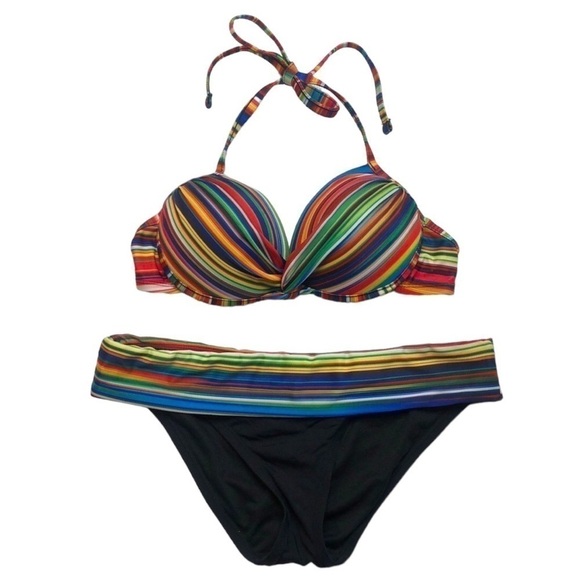 A.N.A - A NEW APPROACH Black & Multicolor Striped Push-Up Bikini Set -Size Small - Picture 1 of 8